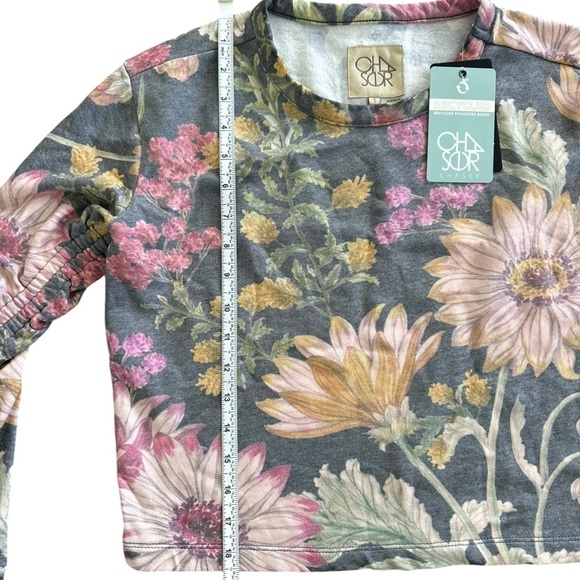 NEW CHASER Drawstring Shirred Long Sleeve Cropped Pullover Floral Top Size Small - Picture 11 of 12